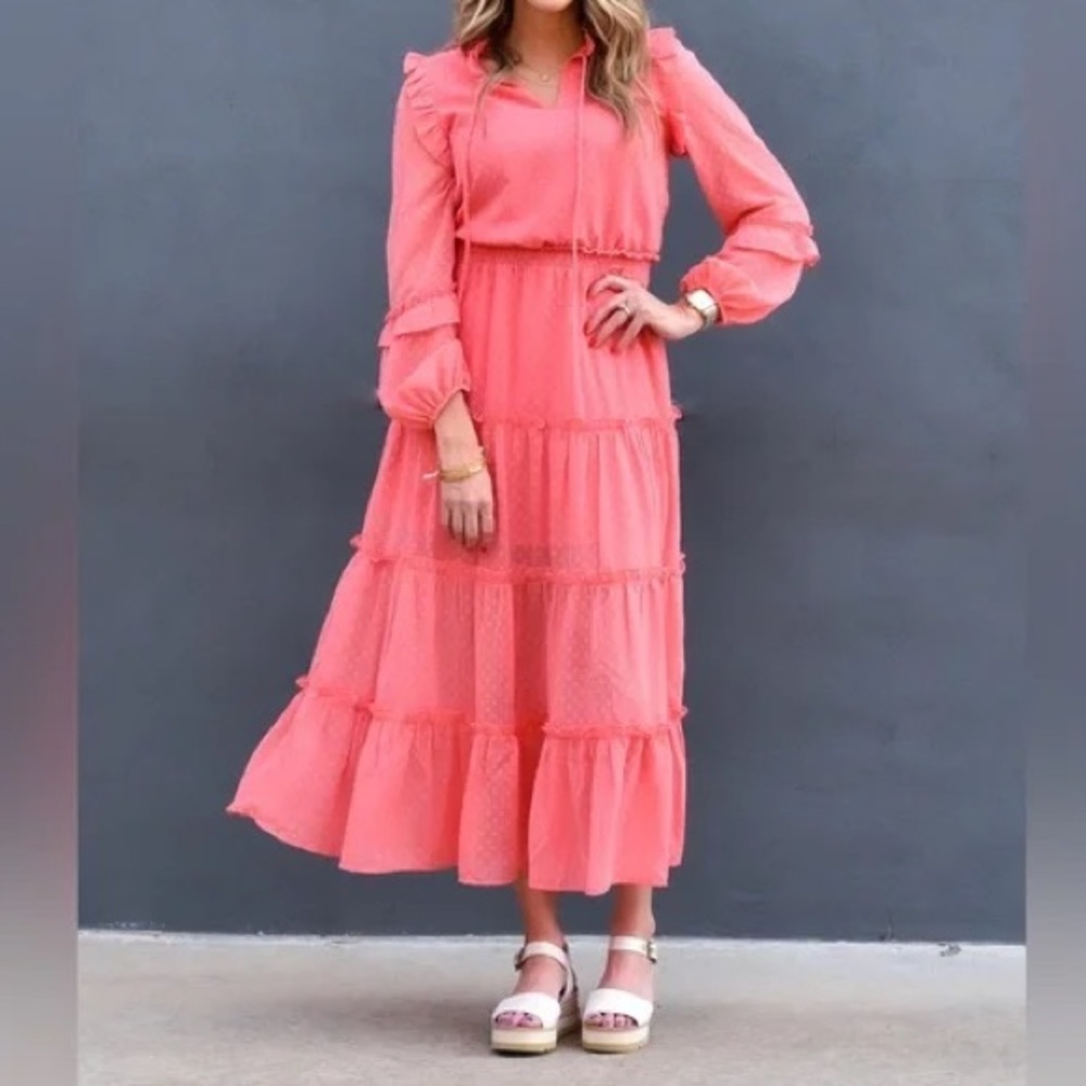 Joy‎ Joy Ruffle Maxi Tier Dress Coral Pink in color